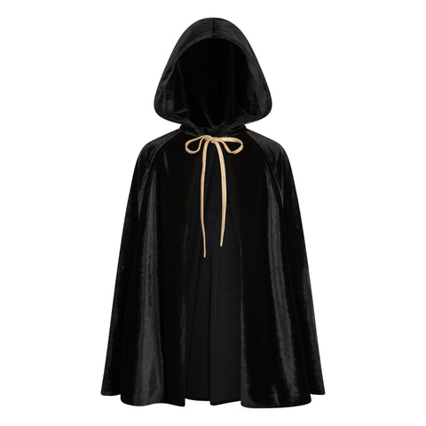 4. Black velour cape with deep hood and laces on a white background