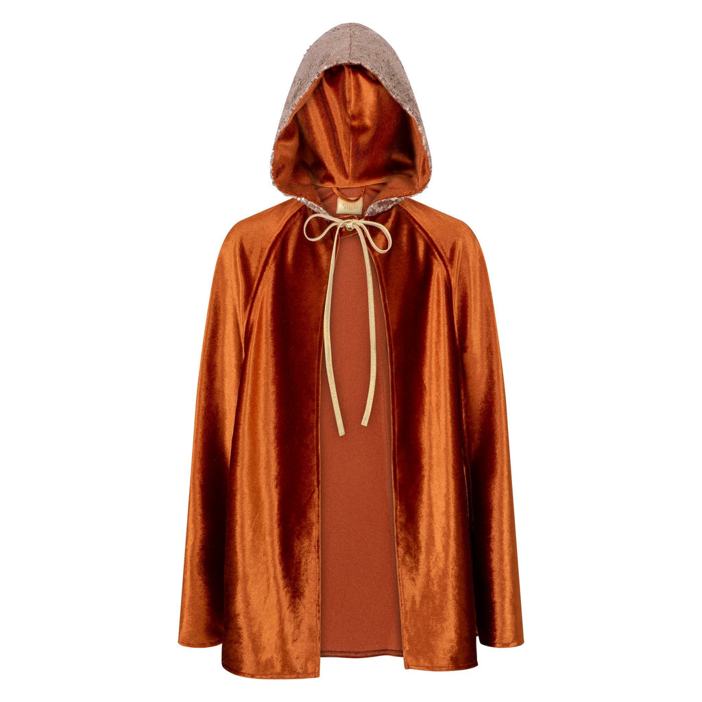 2. Ginger velour cape with deep hood and laces on a white background, showcasing front view