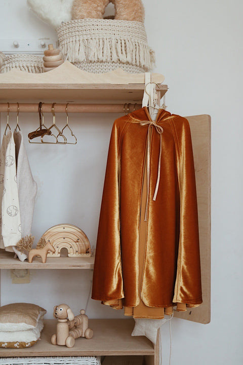 2. Golden cape hanging on wooden rack in cozy room