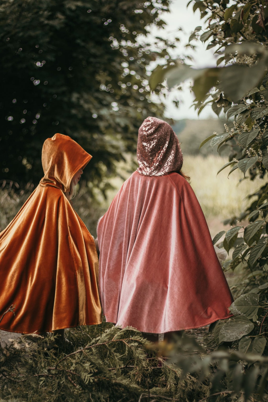 1. Two children wearing pink and orange capes walking through a lush forest setting
