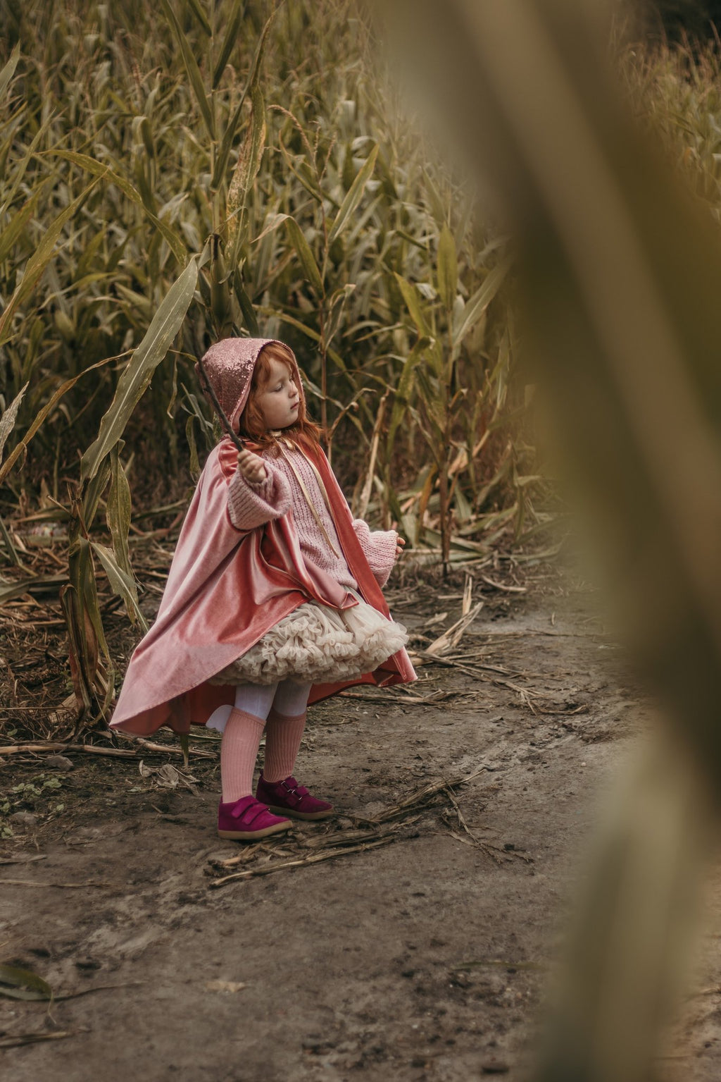 6. Child in pink cape standing in a cornfield looking up