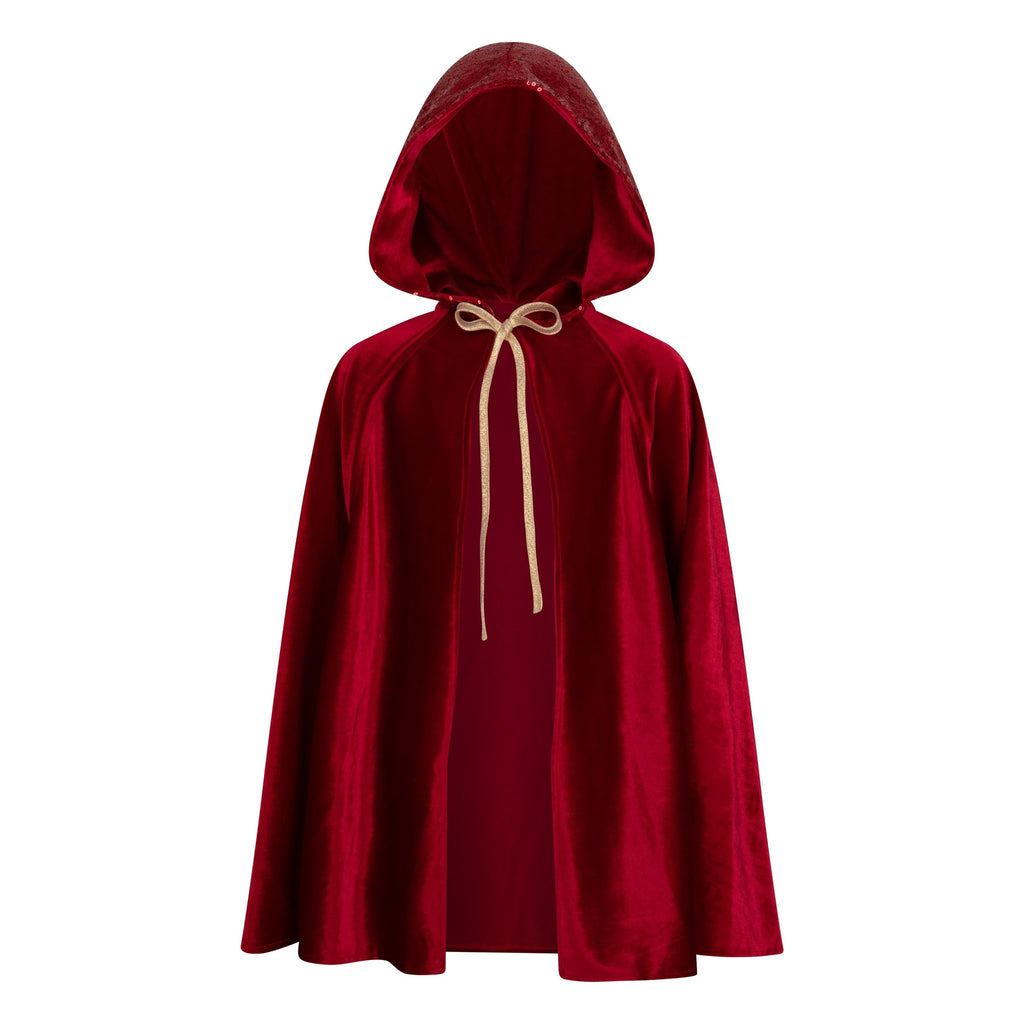 8. Studio shot of red velour cape with deep hood and laces, shown on white background