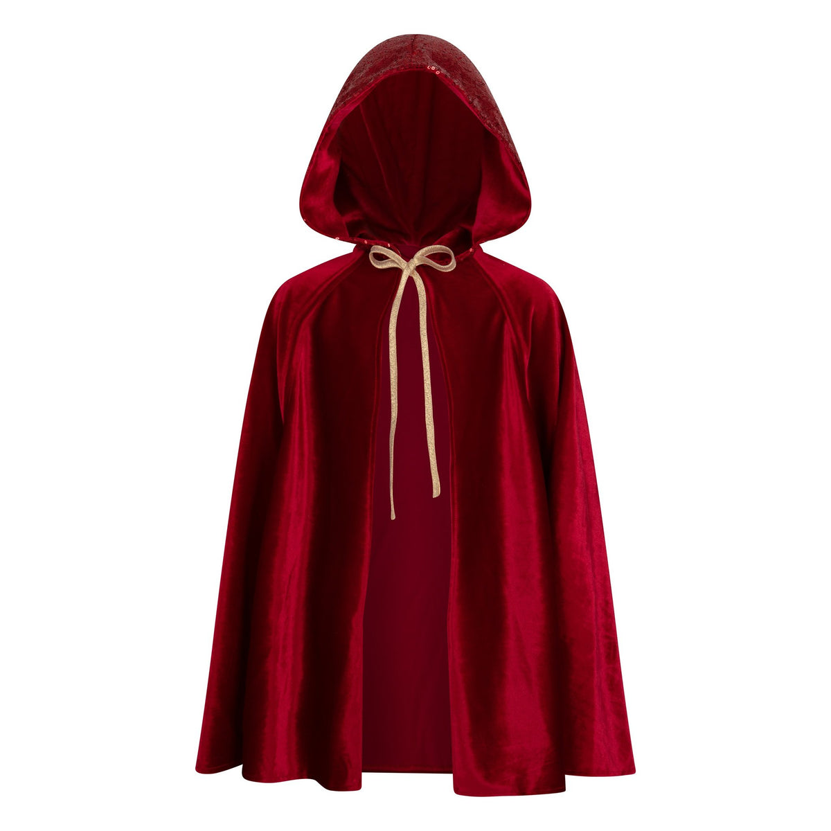 8. Studio shot of red velour cape with deep hood and laces, shown on white background