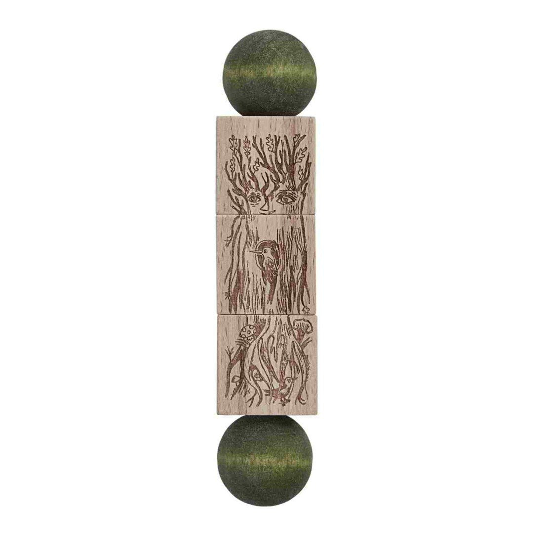 1. Magic Forest wooden spinning puzzle with engraved forest design and green ends on a white background