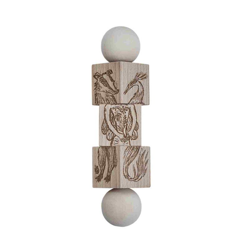 4. Natural wooden spinning puzzle with engraved animal designs and spherical ends