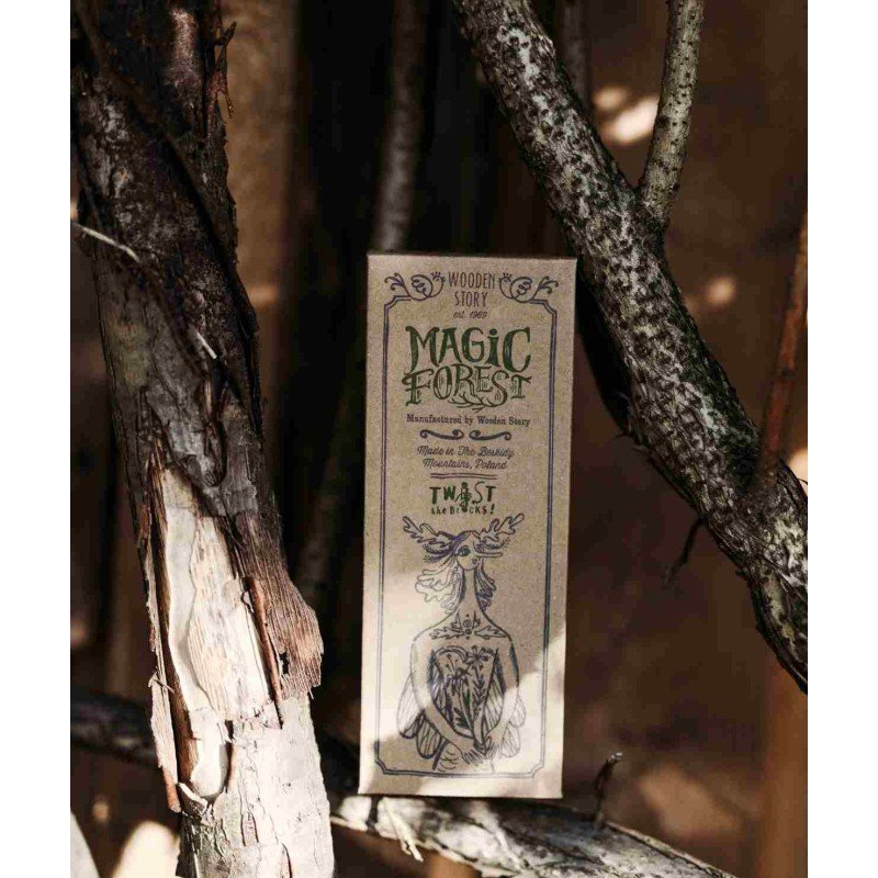 5. Natural wooden spinning puzzle box with Magic Forest branding in a forest setting