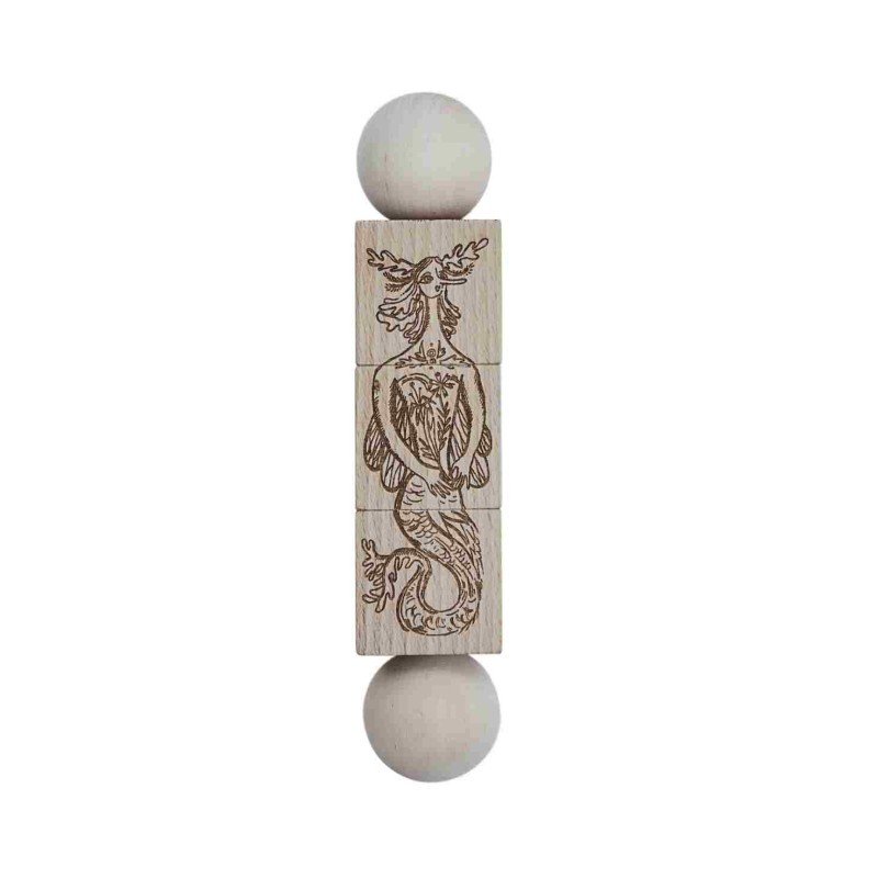 1. Natural wooden spinning puzzle with engraved mythical creature design, featuring spherical ends