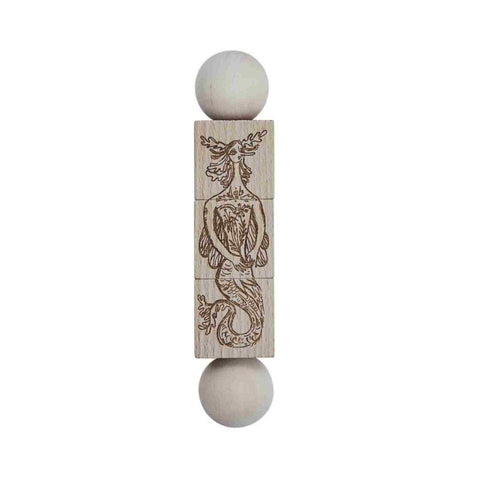 1. Natural wooden spinning puzzle with engraved mythical creature design, featuring spherical ends