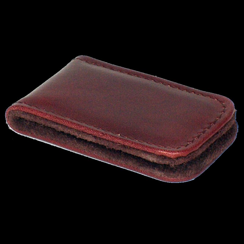 3. Close-up of Papillon magnetic money clip in Bordeaux leather, highlighting craftsmanship