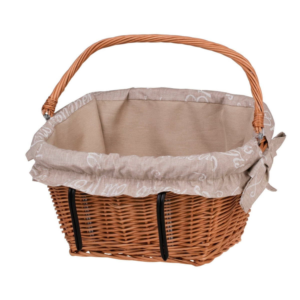 1. Magnus wicker bicycle basket with beige cotton lining, curved handle, and black hooks, showcasing dense weave and smooth rims, ideal for carrying groceries or personal items.