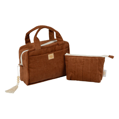 1. Set of two caramel-colored makeup bags with handles, one large and one small, made from ribbed cotton fabric, shown on a white background