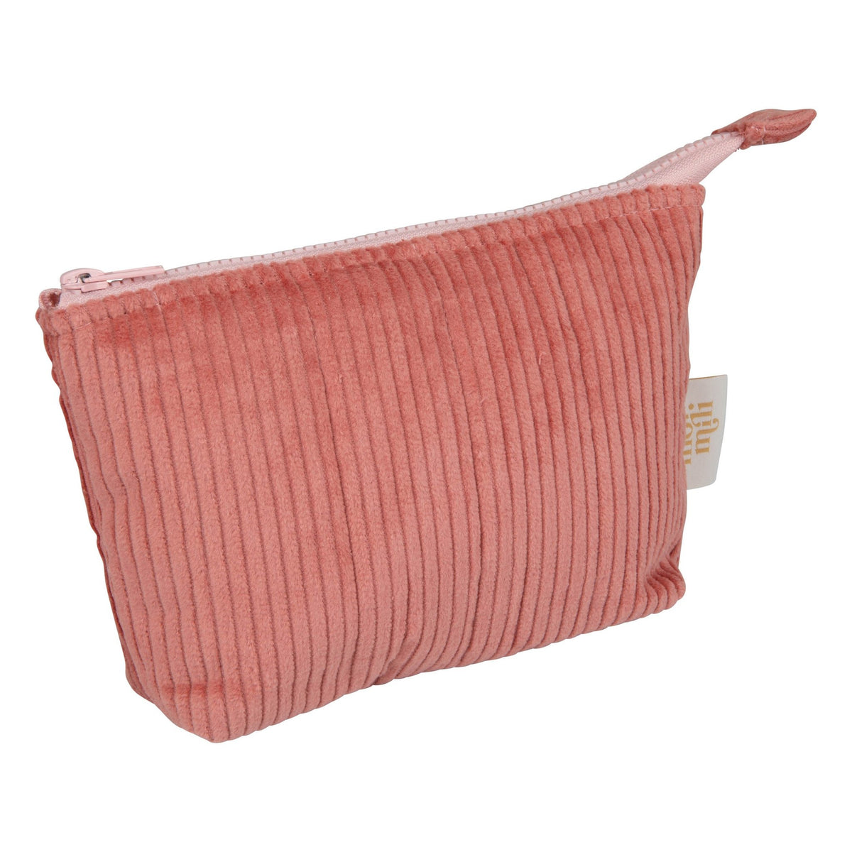13. Small coral makeup bag with zipper on white background, showcasing texture