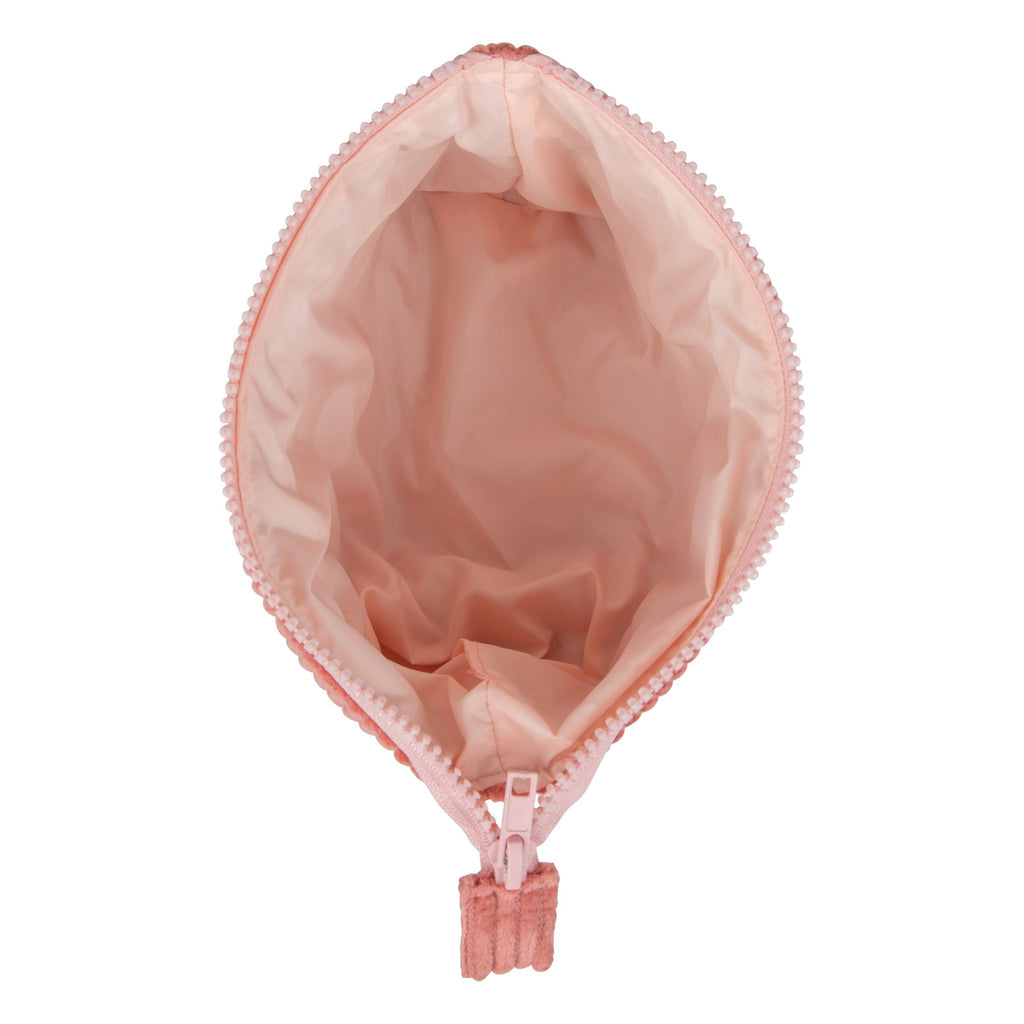 14. Inside view of small coral makeup bag with waterproof lining, showing spacious interior