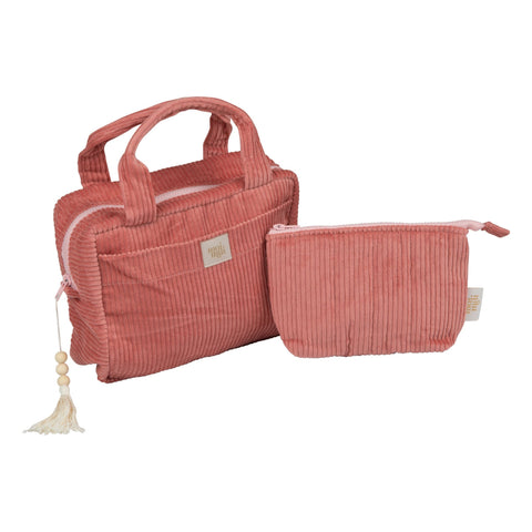 1. Set of two coral makeup bags with handles and tassel detail on white background