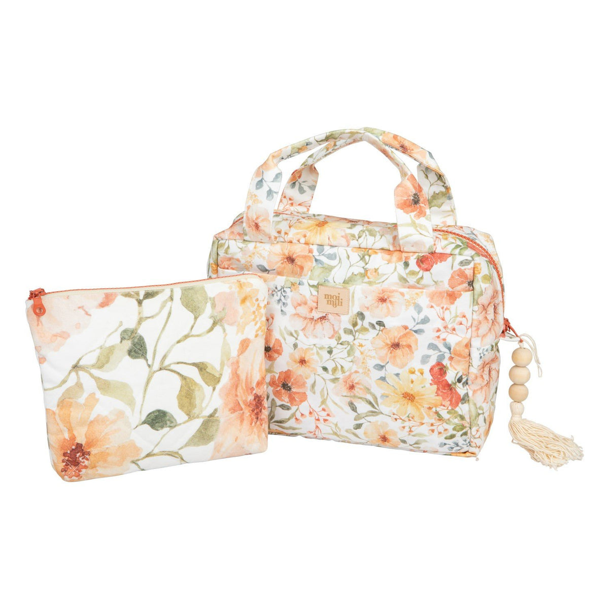 1. Set of two floral print makeup bags, one large and one small, with orange and green flower design, shown on white background
