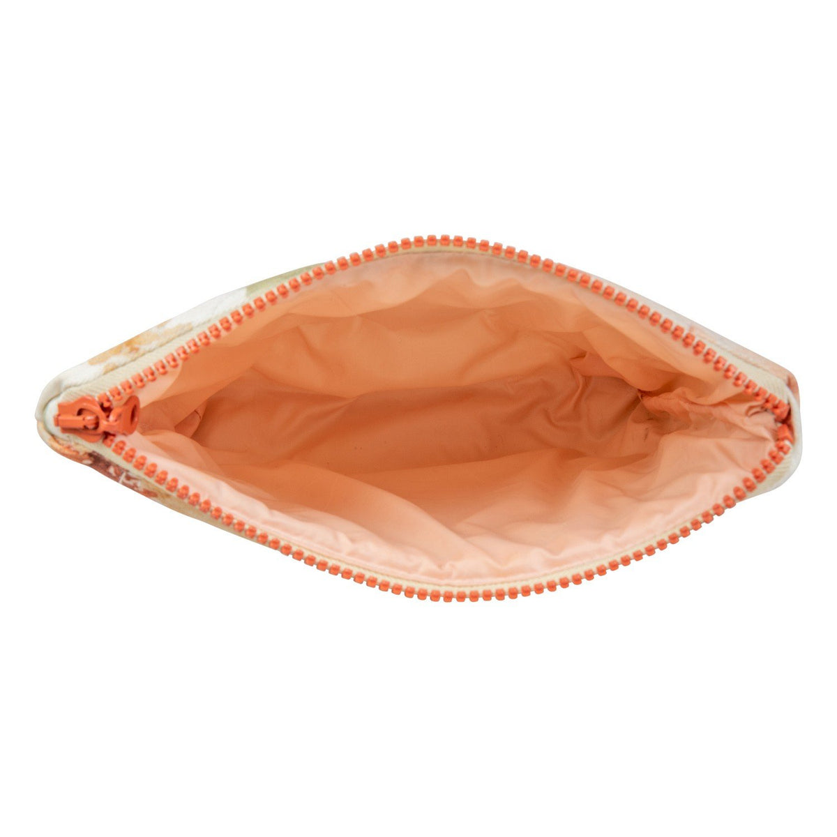 3. Interior view of small floral makeup bag with peach waterproof lining
