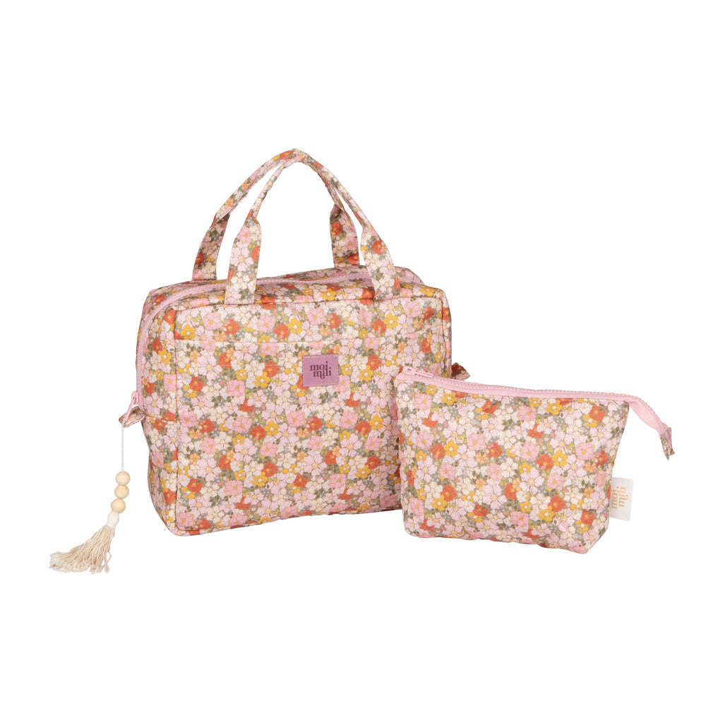 1. Set of two floral print makeup bags in pink and orange, large and small sizes, with tassel detail, on white background