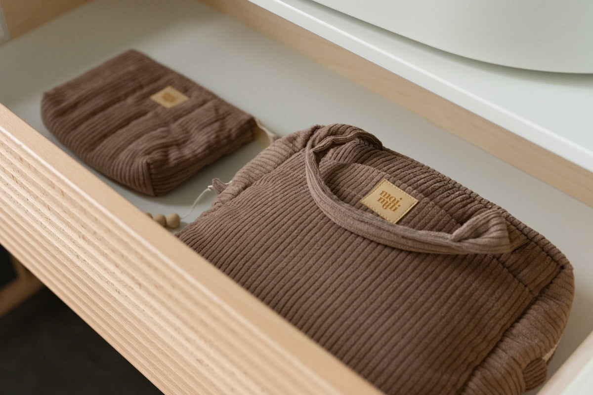 5. Latte-colored makeup bag set of two in a drawer, showing large and small bags with Moi Mili logo, highlighting storage capability.