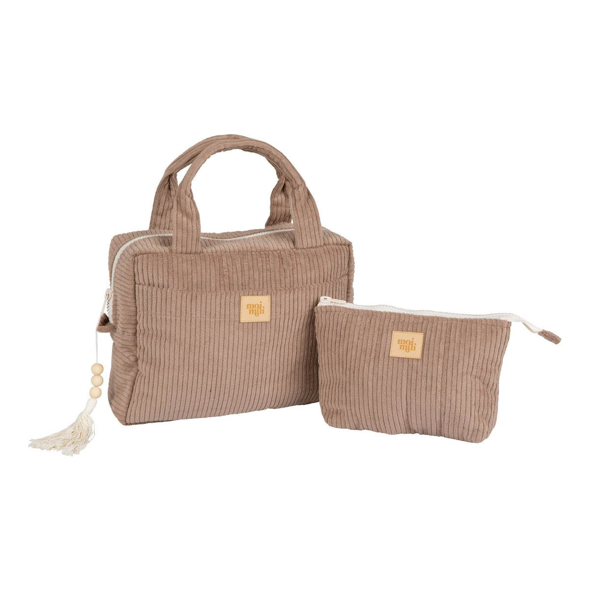 2. Studio shot of latte-colored makeup bag set of two with Moi Mili logo, showing large and small bags with tassel detail.