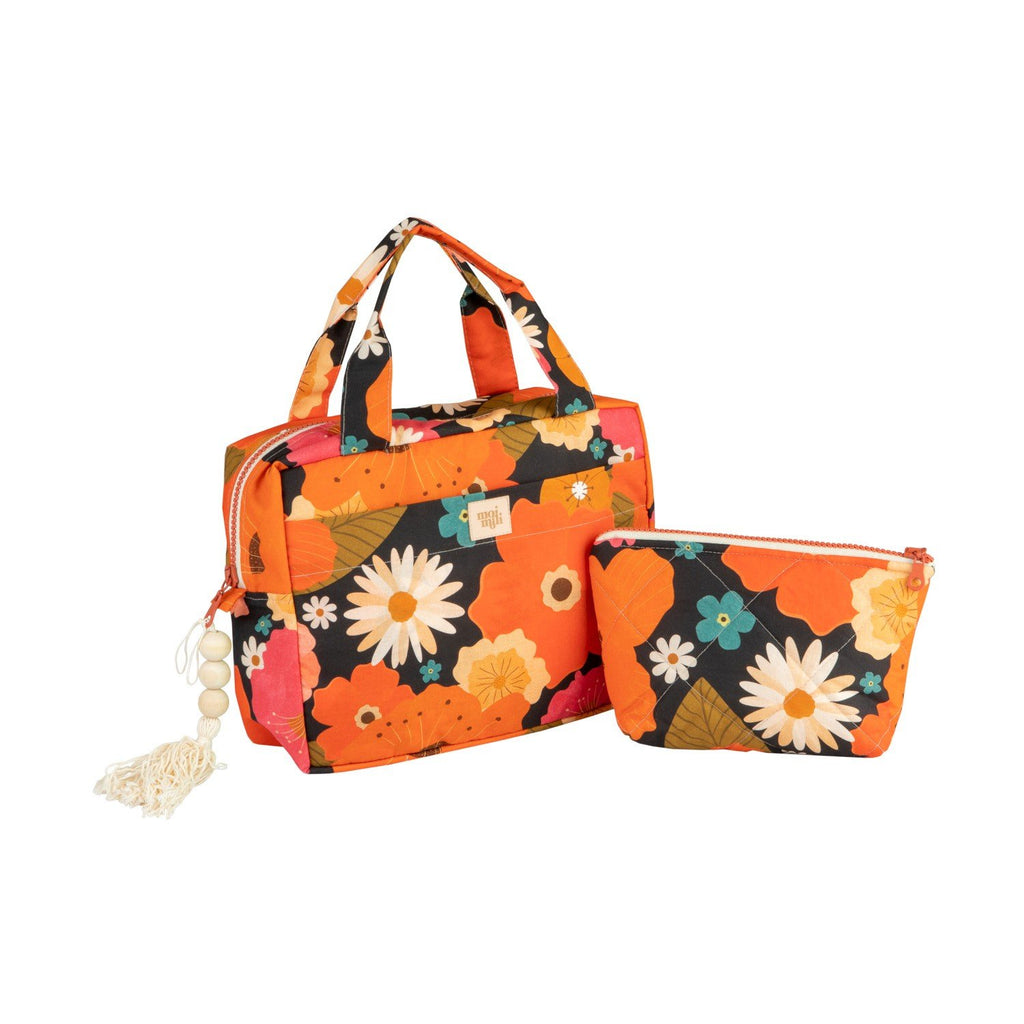 1. Set of two orange floral makeup bags with handles and tassel, featuring daisies and leaves, on white background