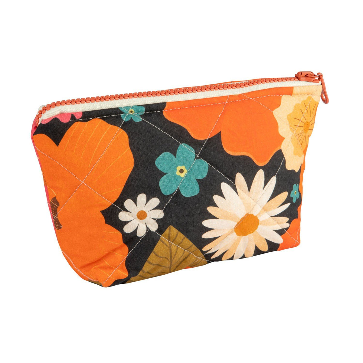 4. Small orange floral makeup bag with daisies and leaves, showing quilted texture and zipper closure