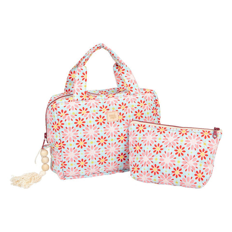 1. Set of two makeup bags with red floral print, large and small sizes, on white background