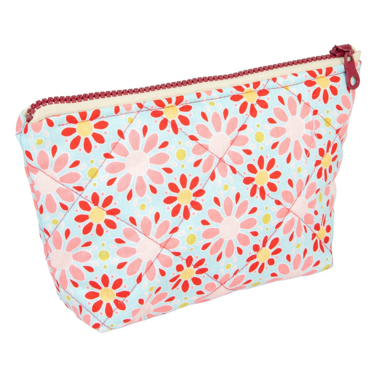 2. Small makeup bag with red floral print and zipper closure on white background