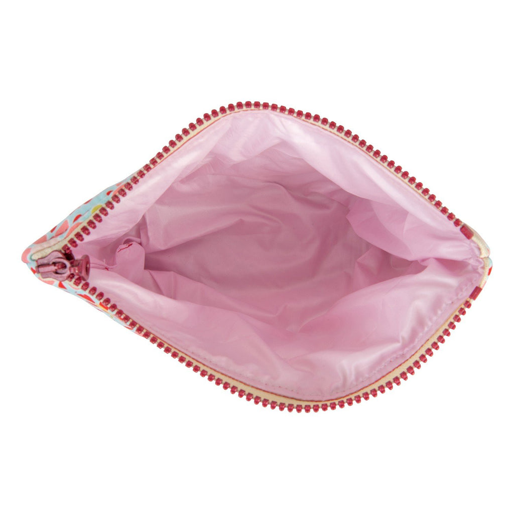 3. Interior view of small makeup bag with pink waterproof lining
