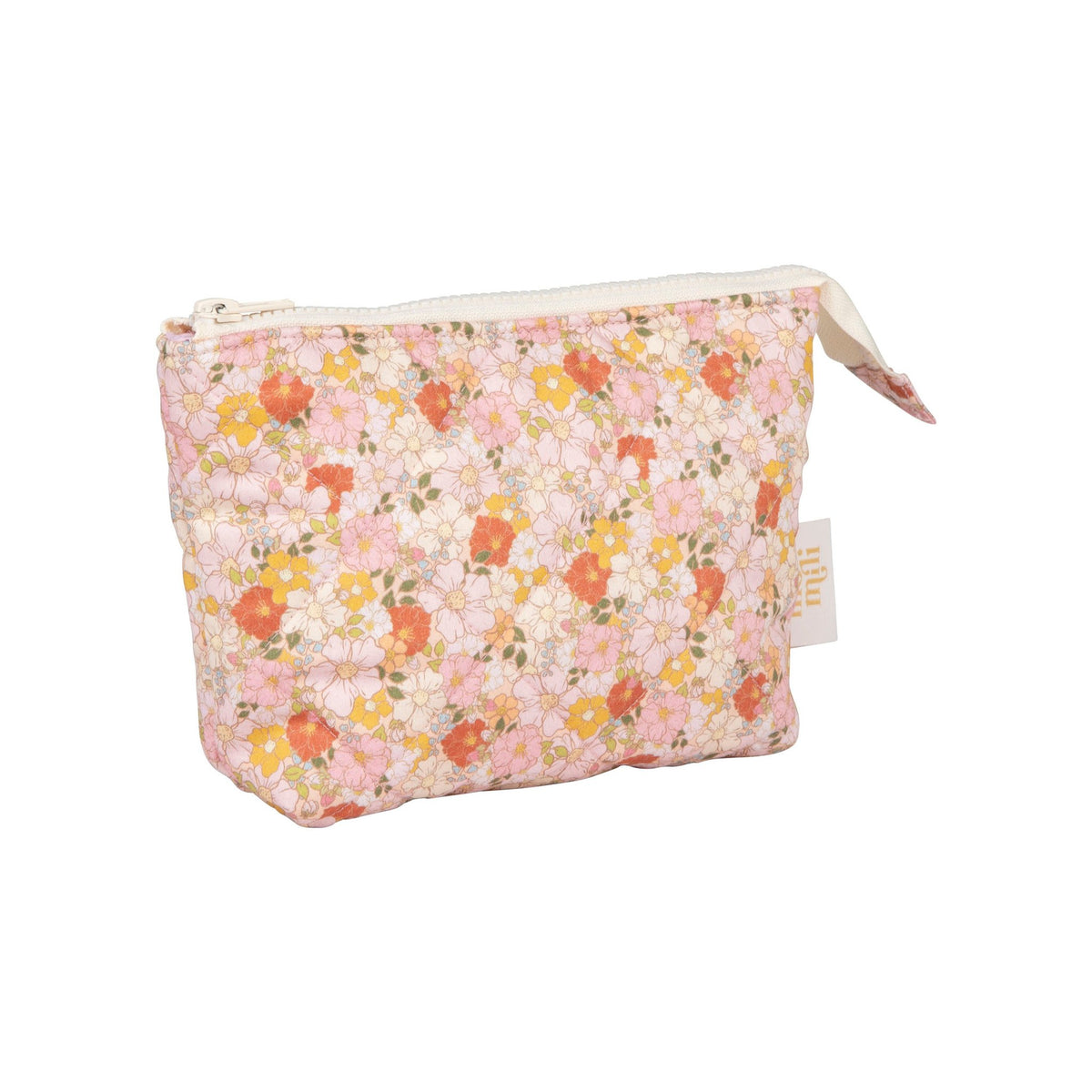 4. Small floral print makeup bag with pink, orange, and yellow flowers on a white background