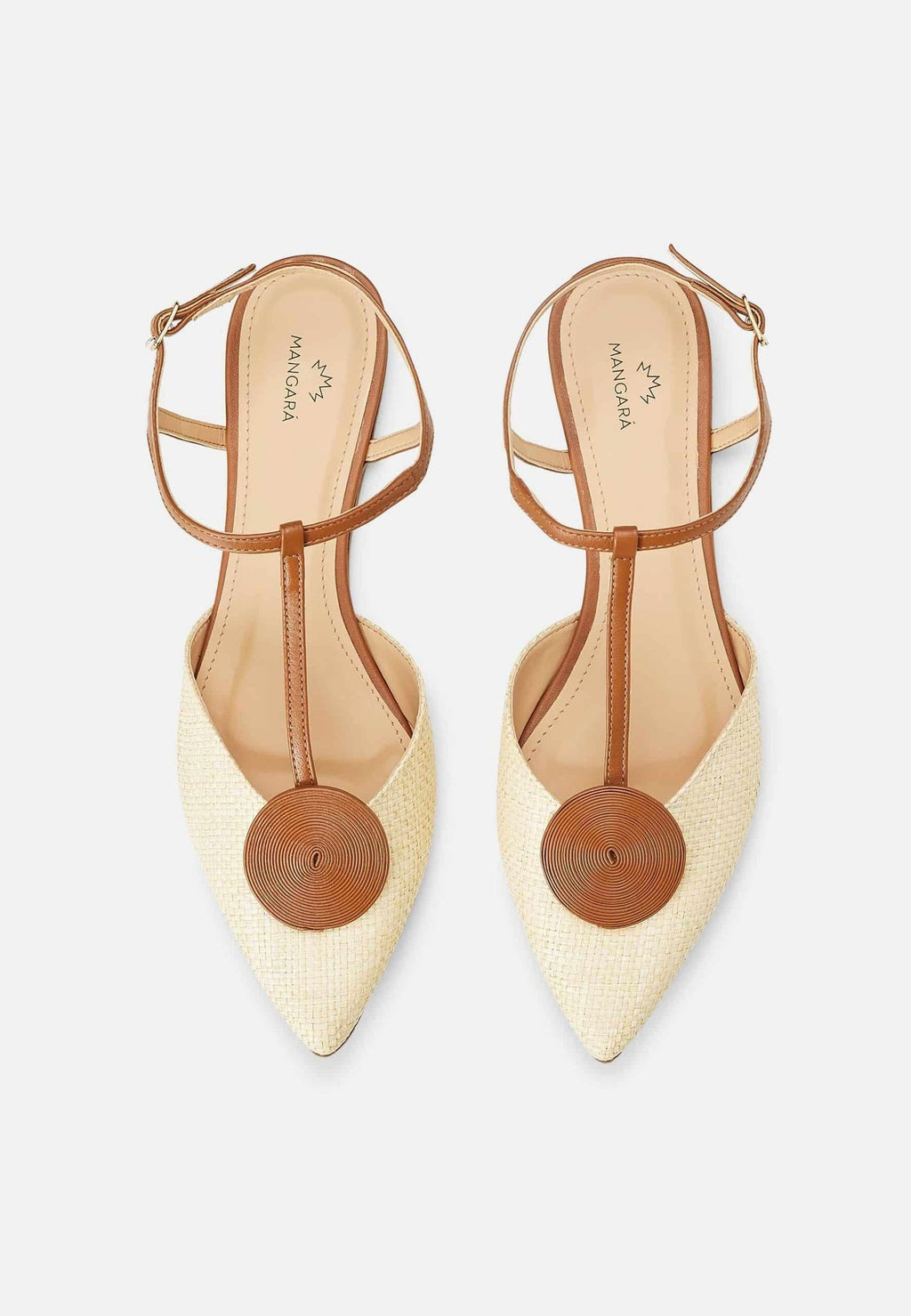 10. Angled view of Mangará Acerola women's sandals in natural color with brown accents, studio setting
