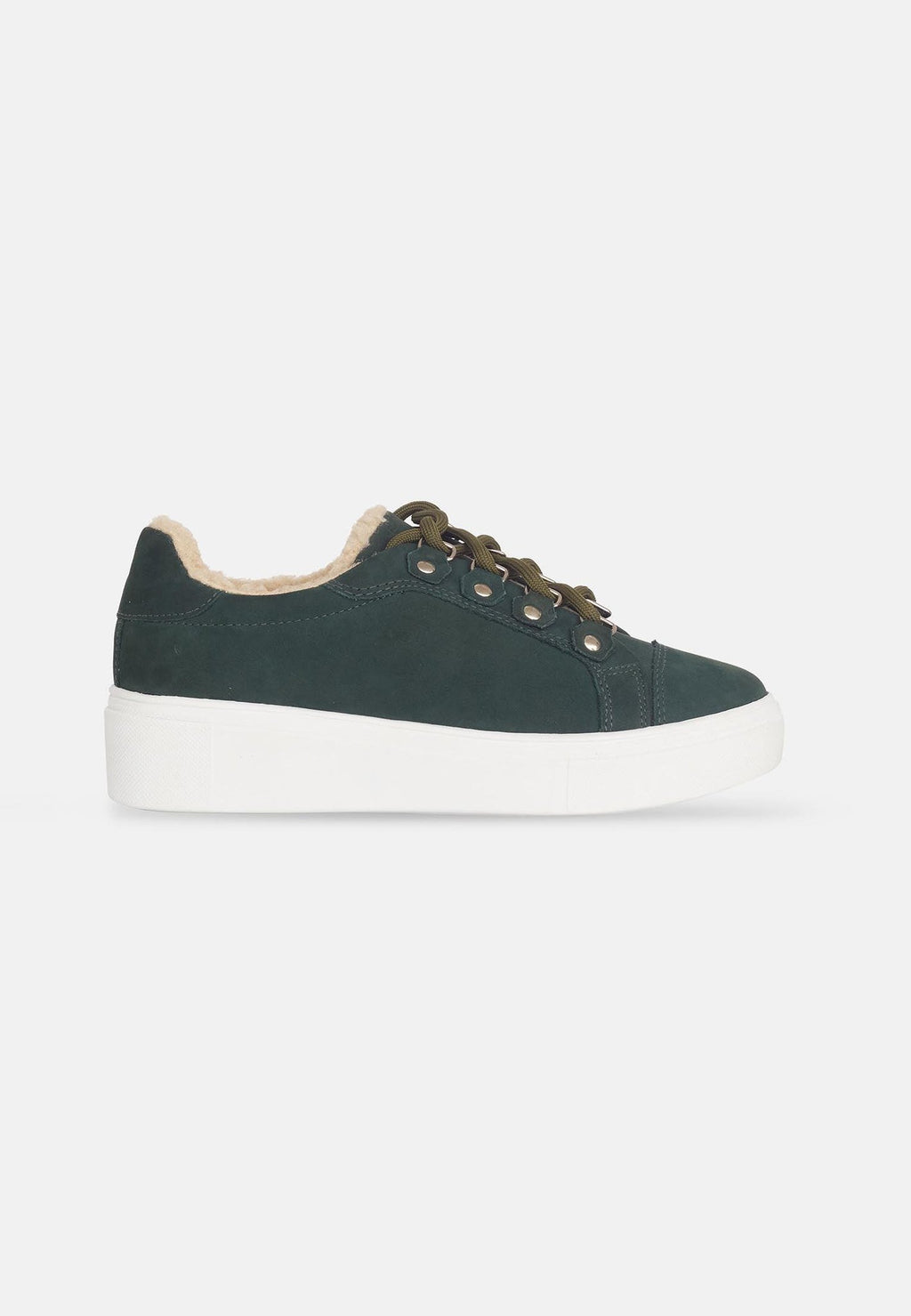 3. Studio shot of Mangará Araucaria Warm Sneakers in green, highlighting suede upper and white platform sole