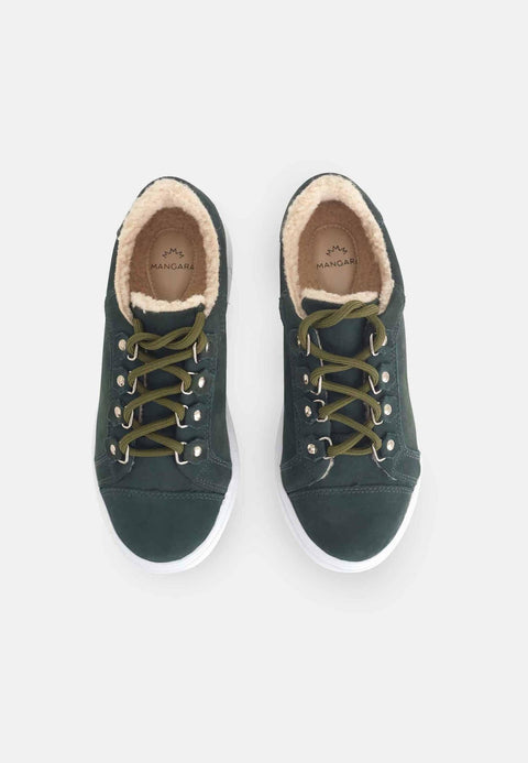 5. Top view of Mangará Araucaria Warm Sneakers in green, displaying lace-up design and soft textile lining