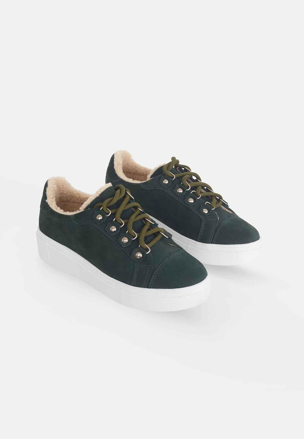 4. Pair of Mangará Araucaria Warm Sneakers in green, shown in studio with warm lining and rubber sole