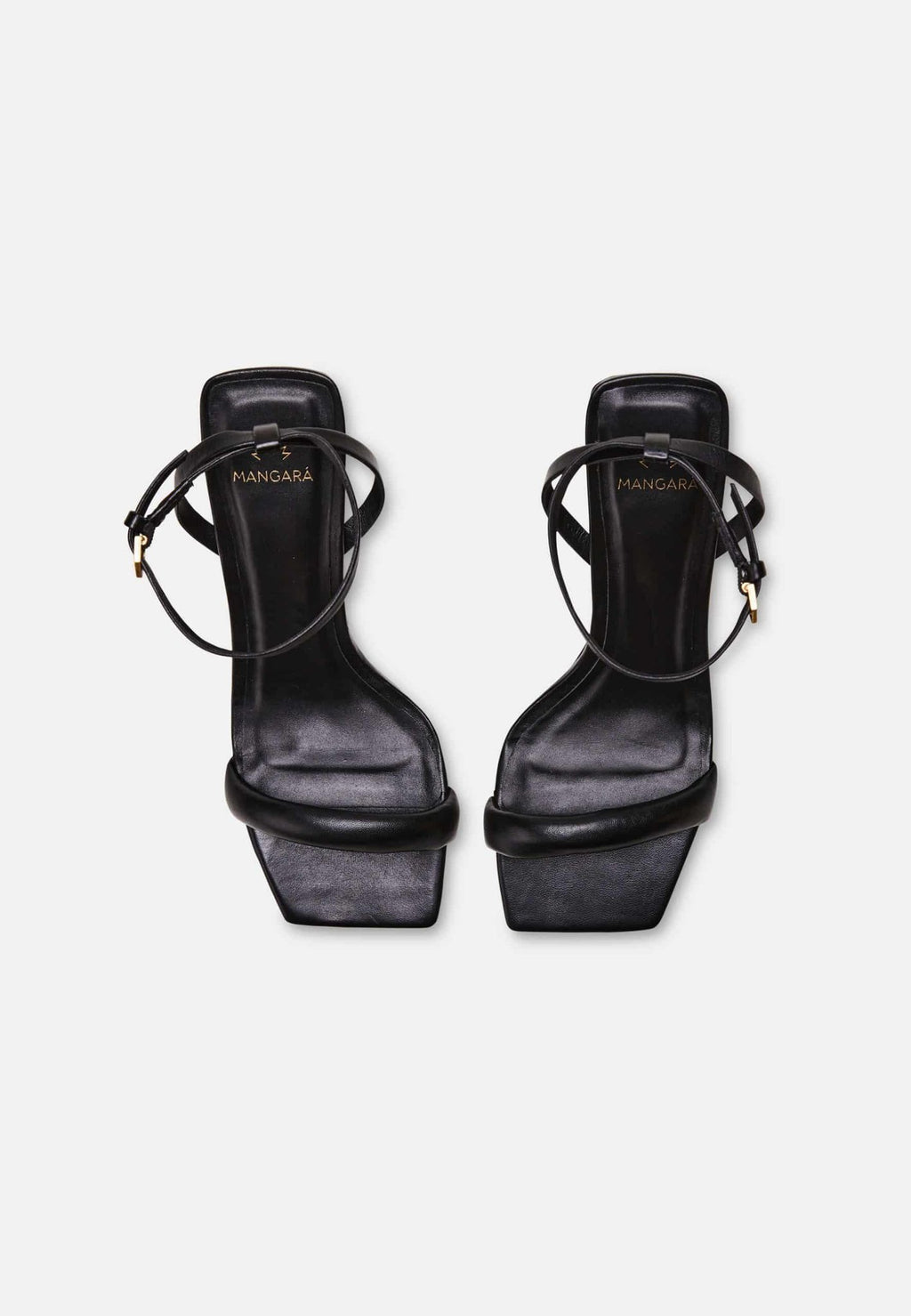 10. Top view of Mangará Cortiça black high heel sandals showing square toe and brand logo