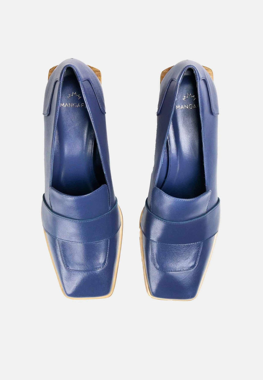 11. Top view of women's blue Mangará Louro Leather Loafers with square toe in studio