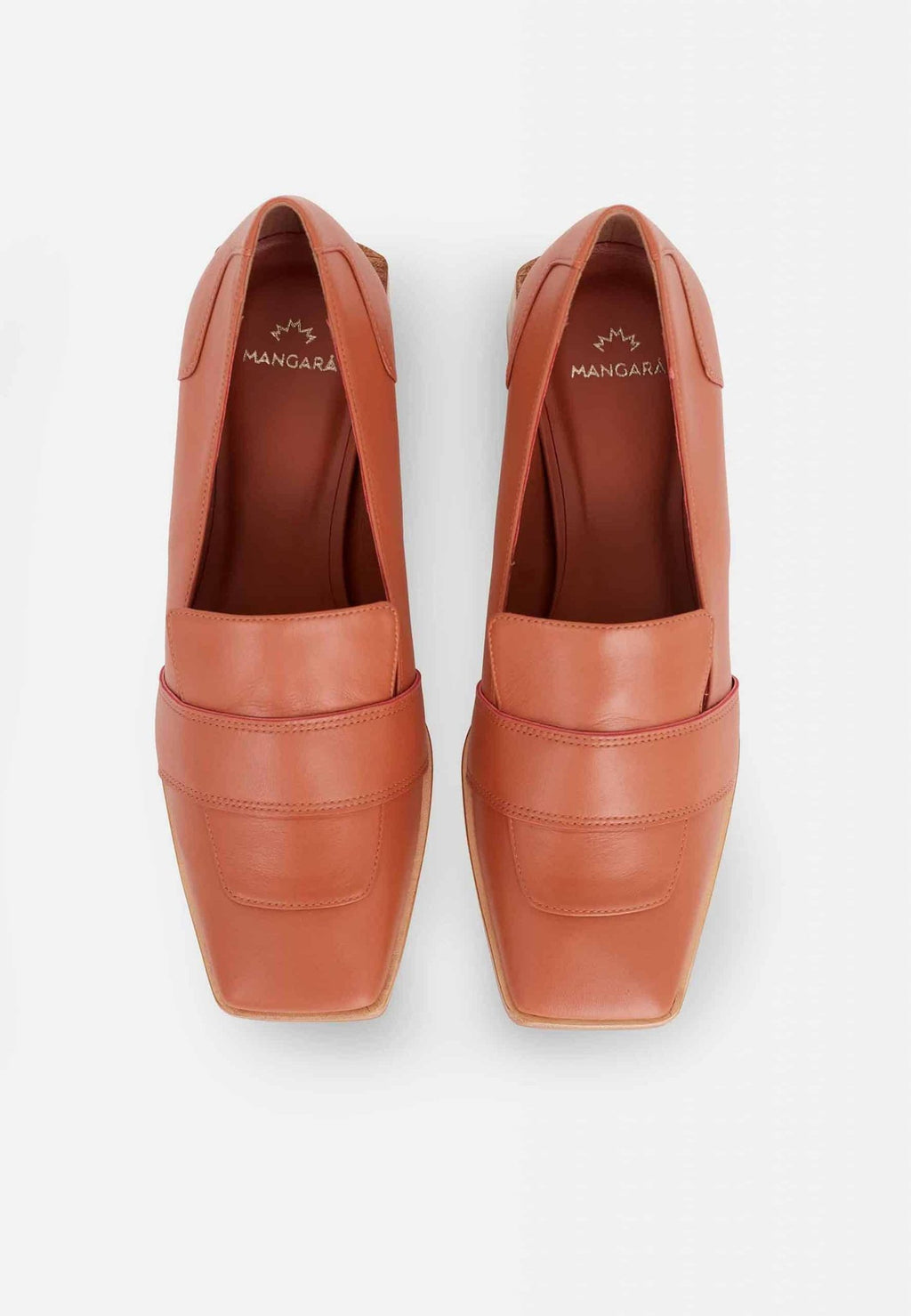 6. Top view of women's orange Mangará Louro Leather Loafers with square toe in studio