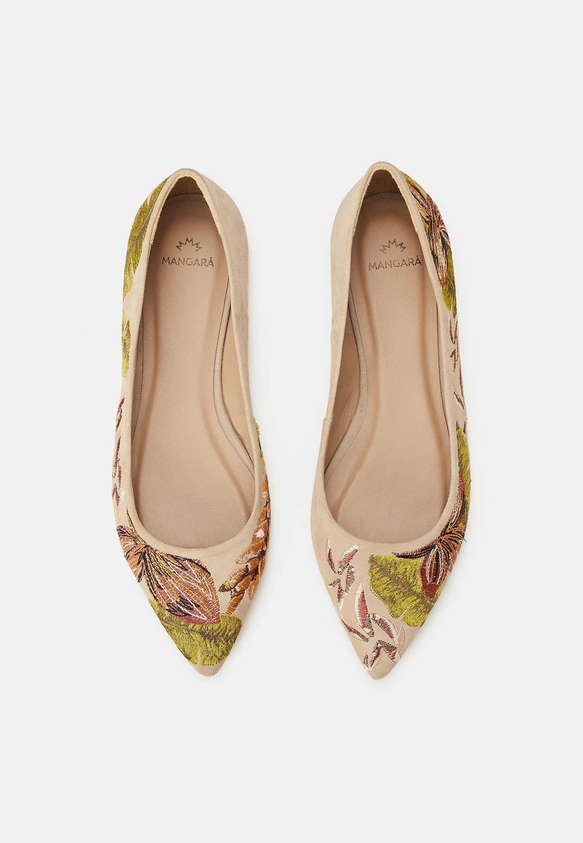 11. Pair of Mangará Pindaiva Ballerinas in beige suede with floral embroidery, angled view