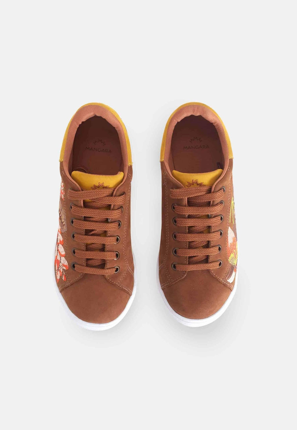 8. Top view of women's Mangará embroidery suede sneakers in brown, highlighting lace-up design