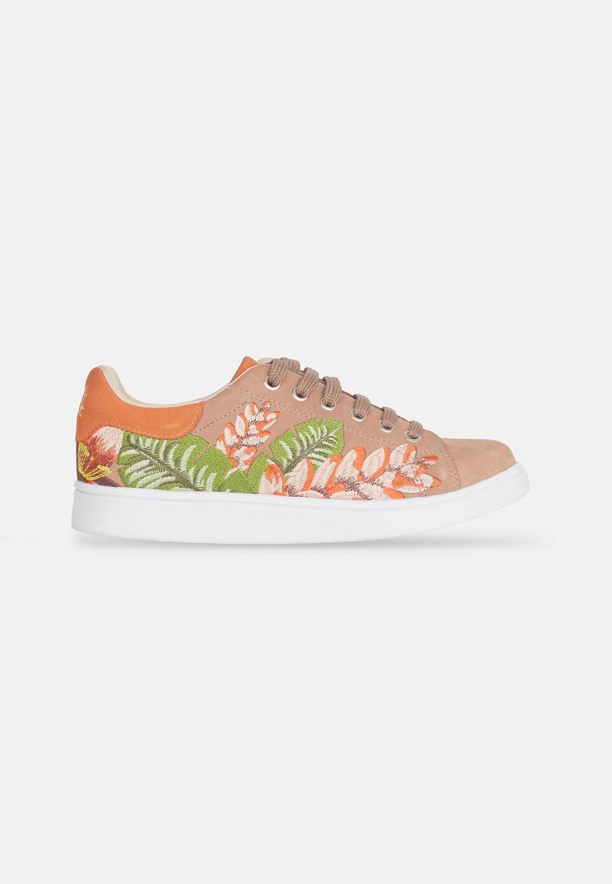11. Studio shot of women's Mangará embroidery suede sneakers in beige, side view with floral embroidery