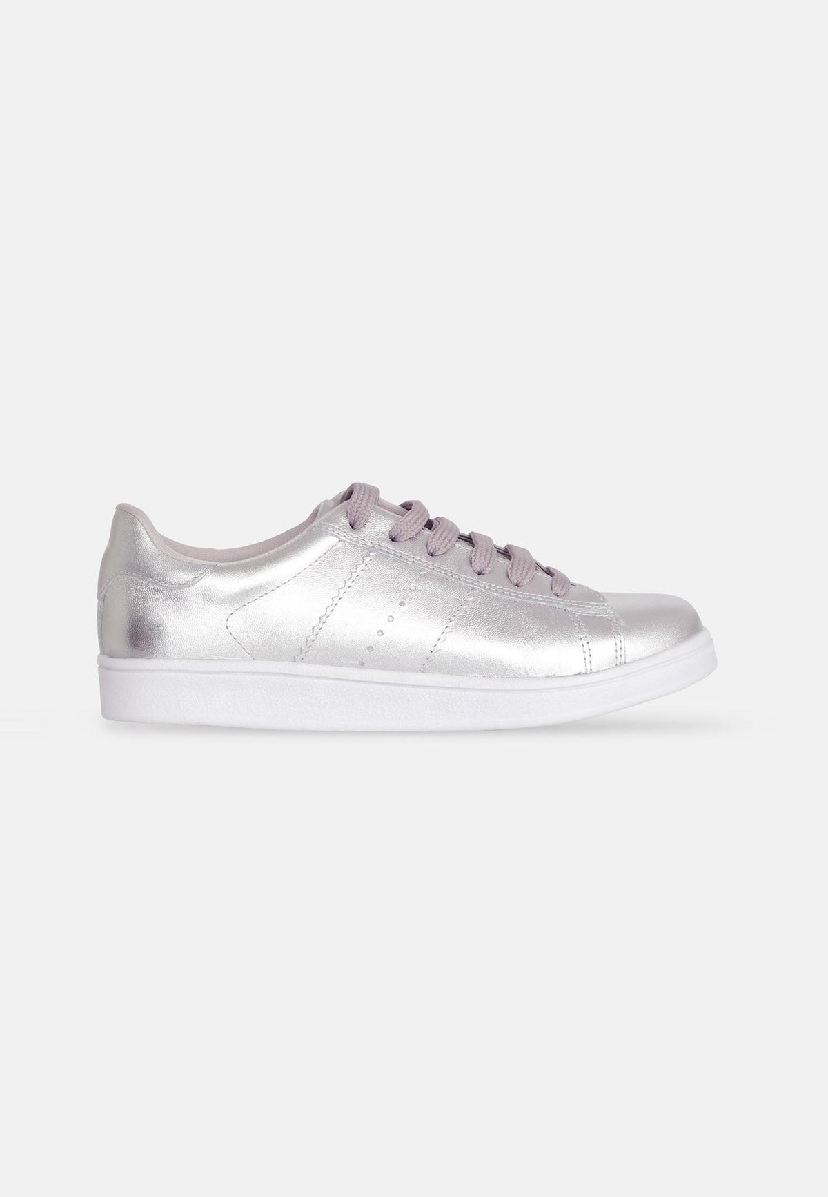 2. Studio side view of Mangará women's metallic silver leather sneakers with lace-up front