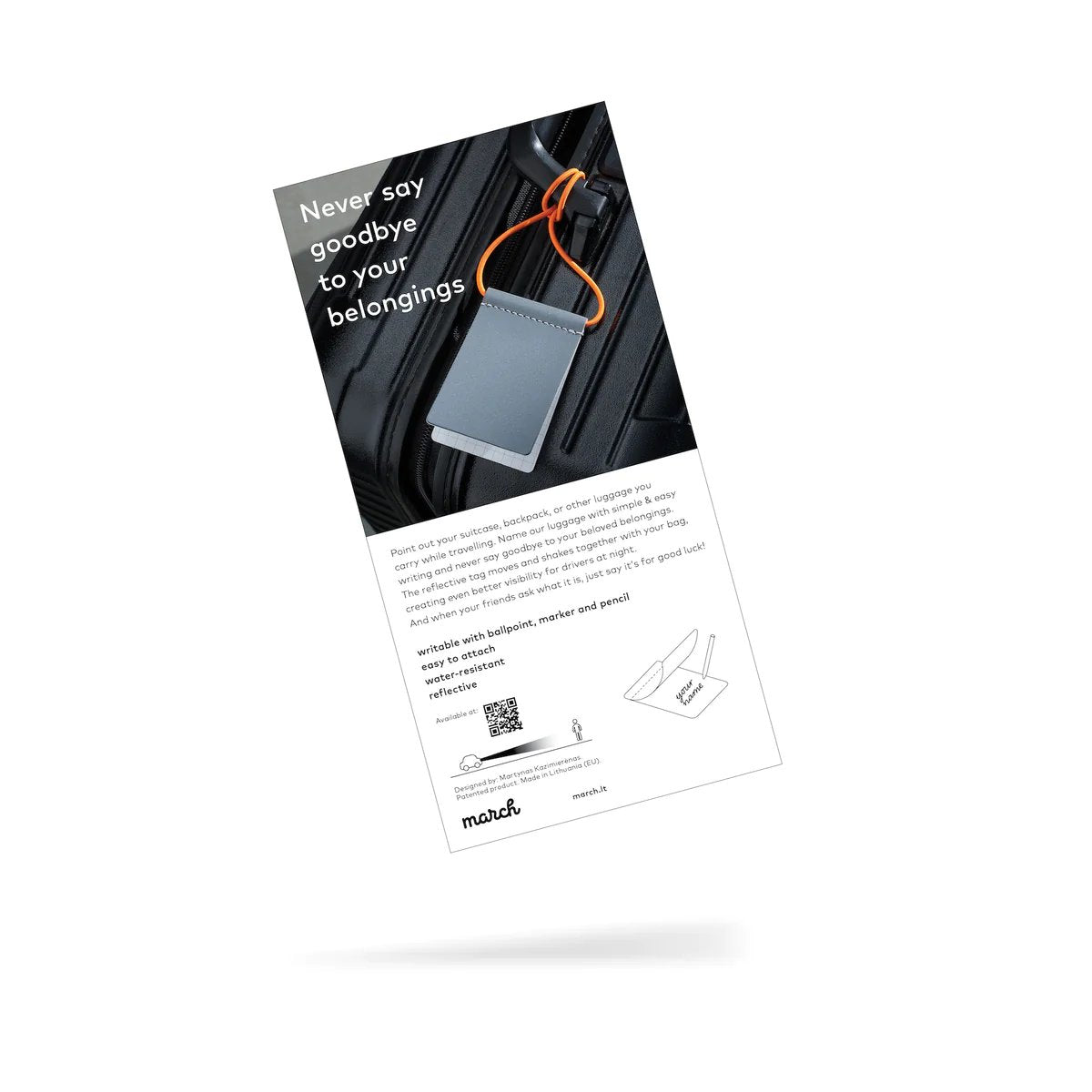 10. Promotional card for MARCH Reflective Luggage Tag, featuring product details and branding