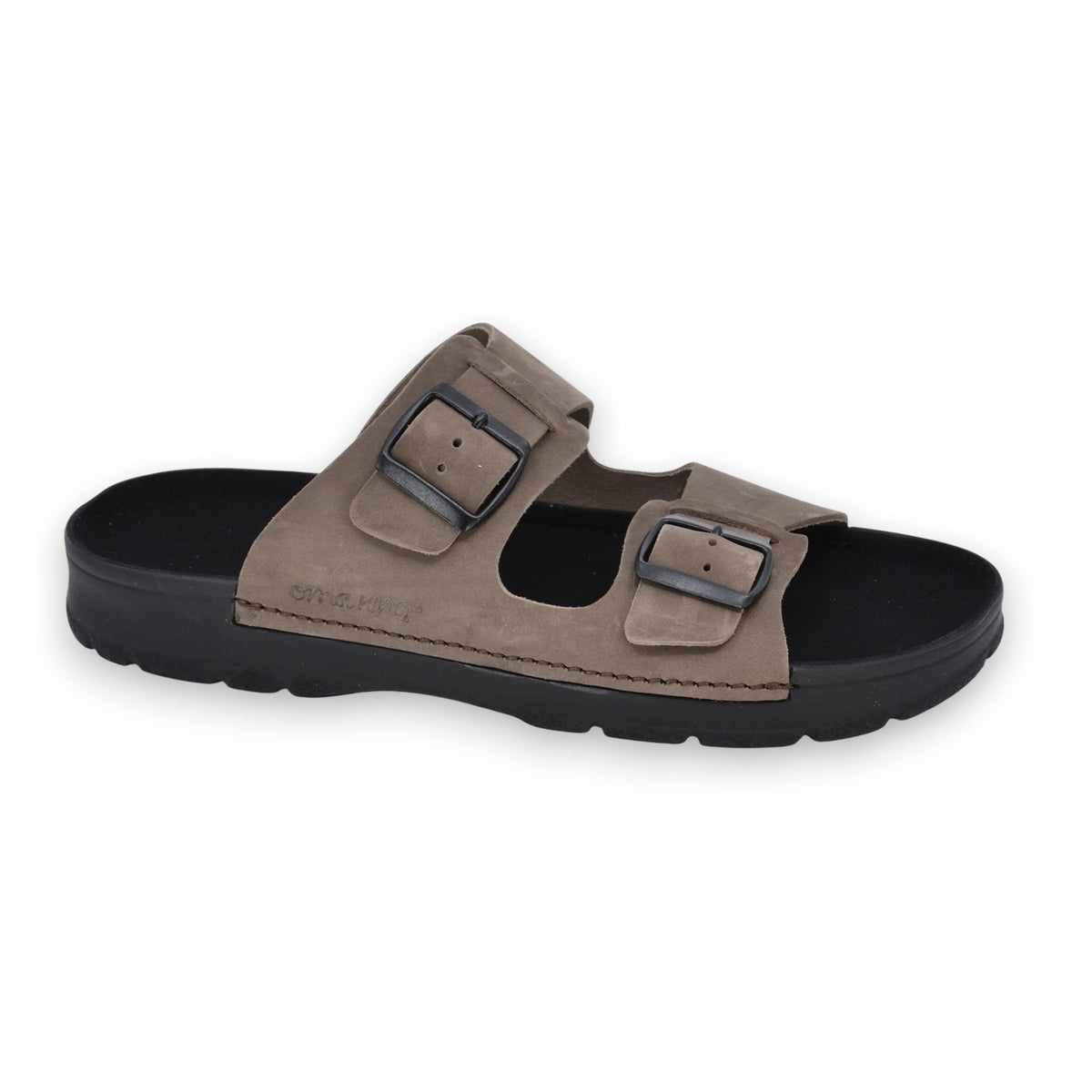 3. Studio shot of Omaking Märt men's sandals in dark brown with two adjustable buckle straps