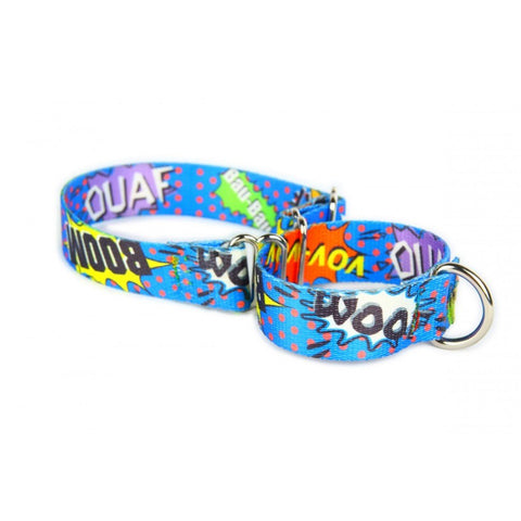 2. Blue graffiti-patterned martingale dog collar by Matteo featuring comic-style text and polka dots, shown in studio setting with metal rings for leash attachment