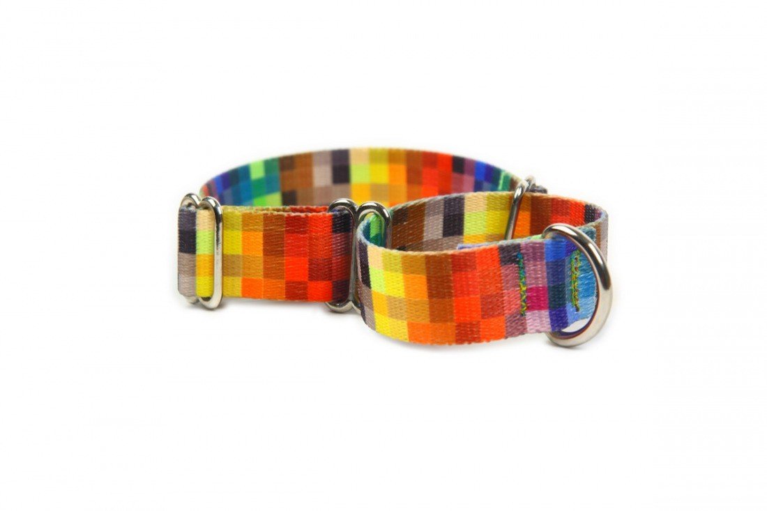 2. Side view of colorful pixel-patterned martingale dog collar featuring metal rings and adjustable strap