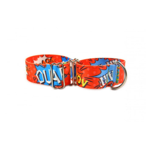 3. Close-up of Matteo red graffiti martingale dog collar with metal rings and colorful comic-style print on white background