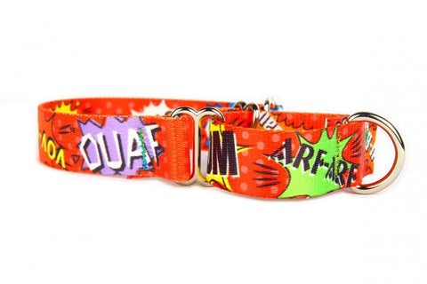 4. Flat lay of Matteo red graffiti martingale dog collar featuring vibrant comic-style print and metal hardware