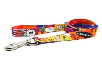 2. Travel-themed dog leash with colorful print and metal clasp, featuring words 'Hi' and 'Buongiorno'