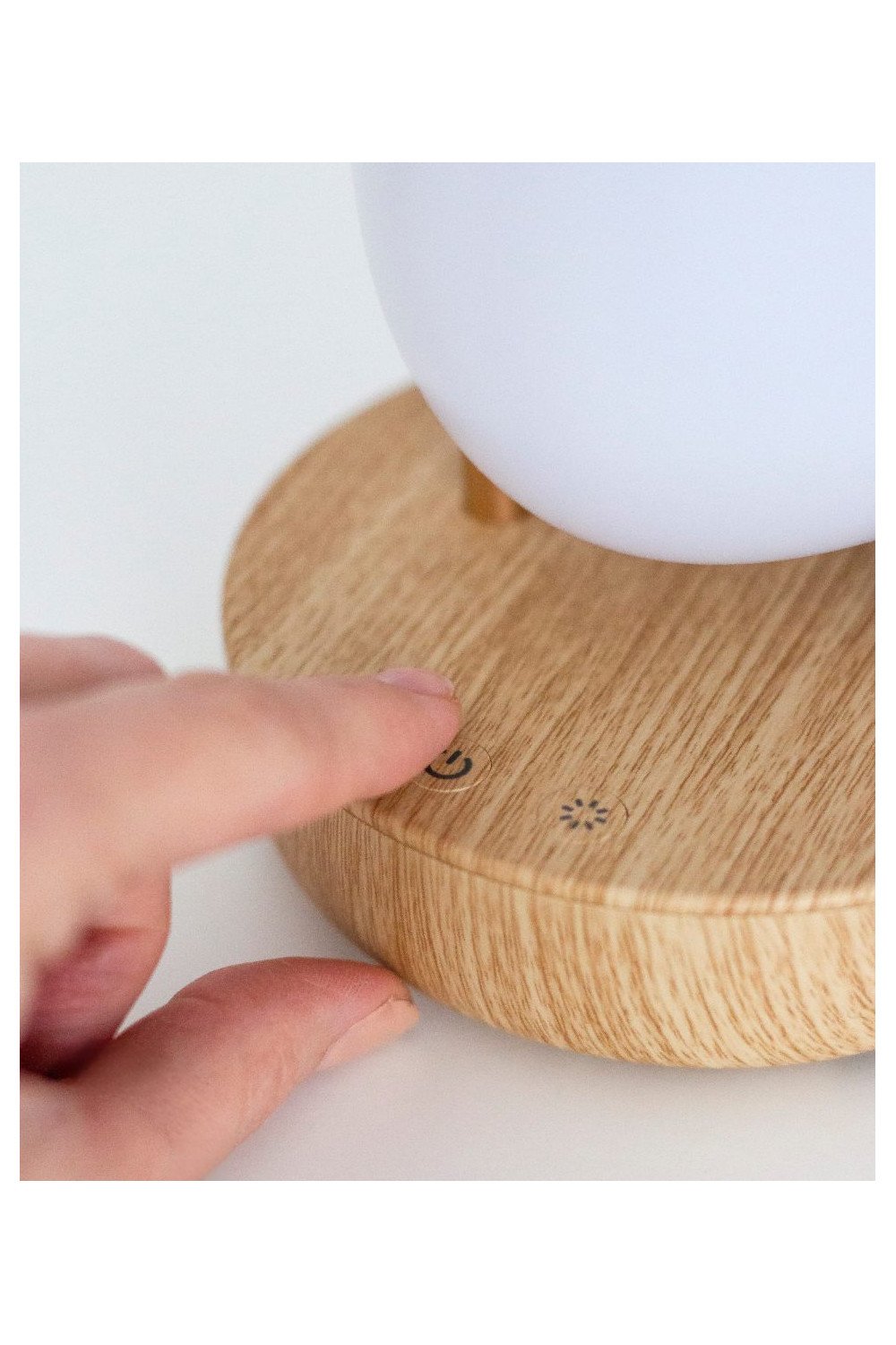 3. Close-up of hand touching control buttons on wooden base of bird lamp