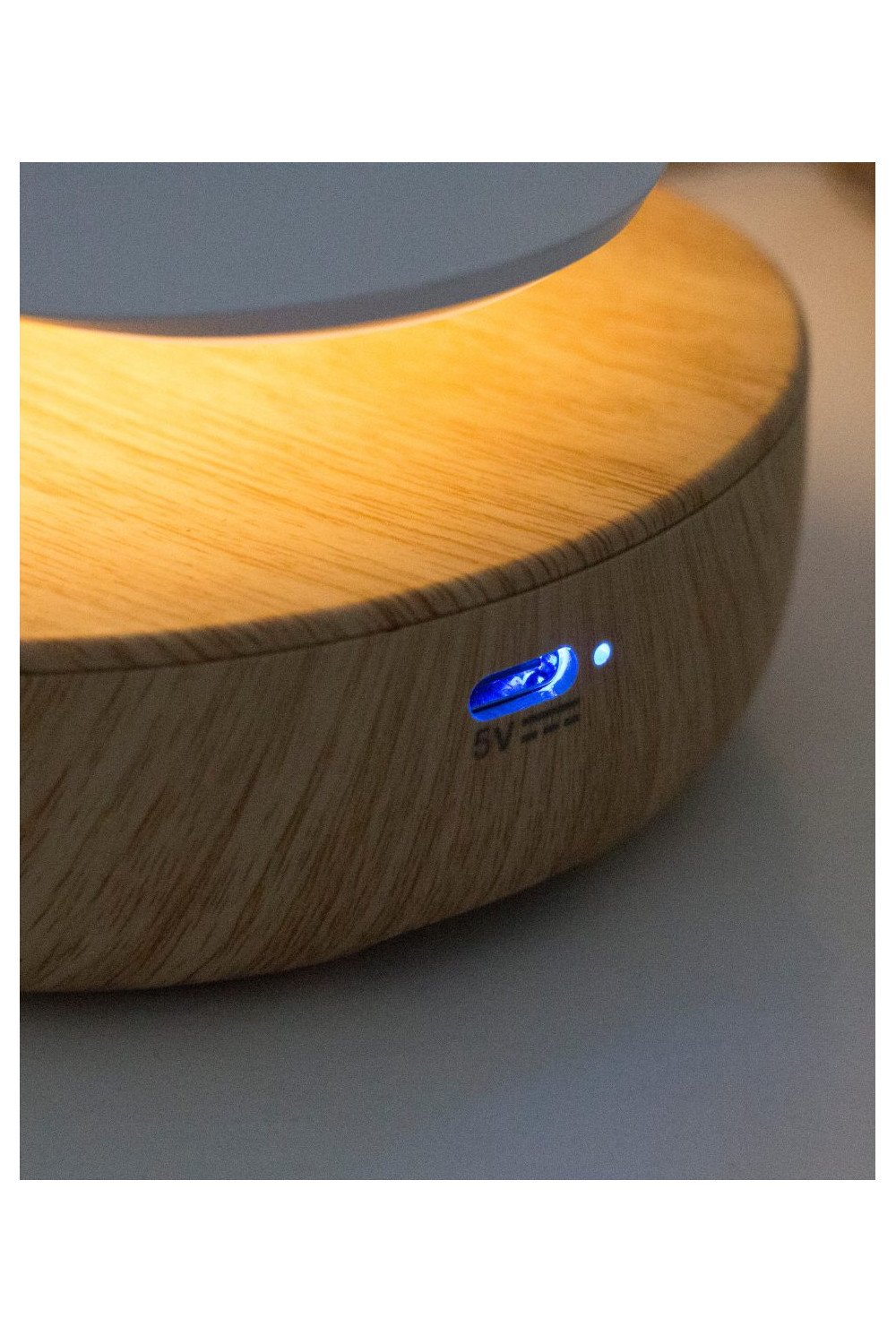 3. Close-up of USB charging port on wooden base of bird lamp
