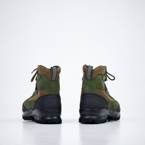 4. Samelin 550 Green Olive hiking boots in studio, back view displaying heel design and pull tabs